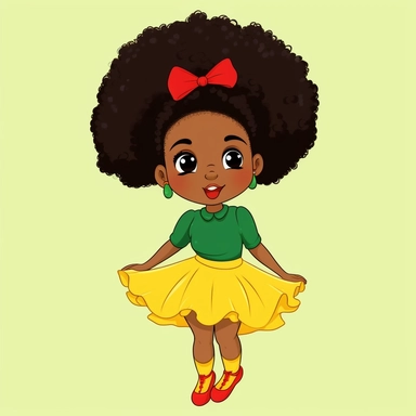 a cute Little Black Girl jumping, green, yellow and red clothes, mid skirt, 2 afro puffs, flat vector clipart