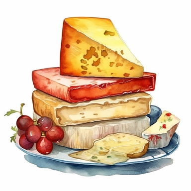 watercolor ultra realistic and hyper detailed illustration of a delicious Sliced cheese with different textures and colors on a plate, clipart, white background