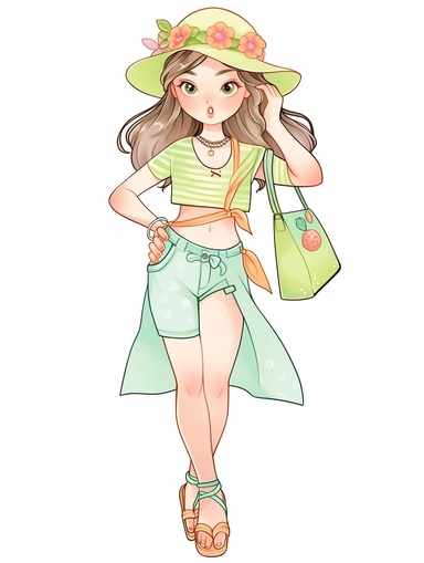 cute summer girl full body drawing, illustration clipart, detailed, black outline, digital art, watercolor,,