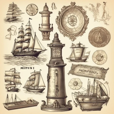 maritim symbols, vintage, clipart, 8k, high detail, white background
