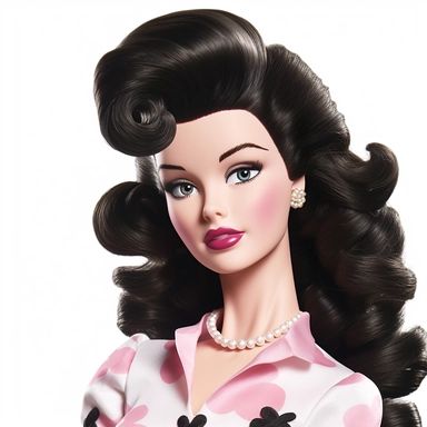 Beautiful pretty barbie doll 50's style, dark hair, paint art style, detail, clipart, white background, superrealistic, one of a kind