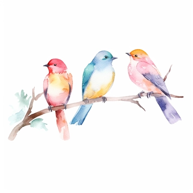 Watercolor Colorful birds perched on tree branches clipart, Minimalist, isolated white background, 8k