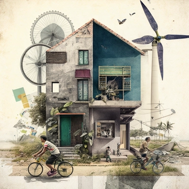 progressive rural architecture, wind power, solar power, Load bike, urban gardening, kids playing in the street, healthy living, collage art by Alex Lorenzo, behance contest winner, eclectic, maximalist, mixed media, modern art, eclectic elements, fragments of paper, magazine clippings, found objects, a fusion of different textures, materials and patterns, layered, hd image on behance, featured on behance, collage, unique, modern art