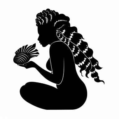 beautiful mermaid with fancy fin, black mermaid logo, mermaid with flowers in hair, blowing a conch shell, black clipart silhouette in black with white background,