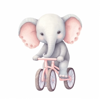 nursery cartoon clip art, cute baby elephant, riding a bike, soft pastel colors, clean isolated image, plain white background,