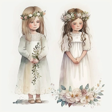 * cliparts cute high resolution girls using white first communion dress props, soft colors boho minimalism, hight resolution watercolor hand painted