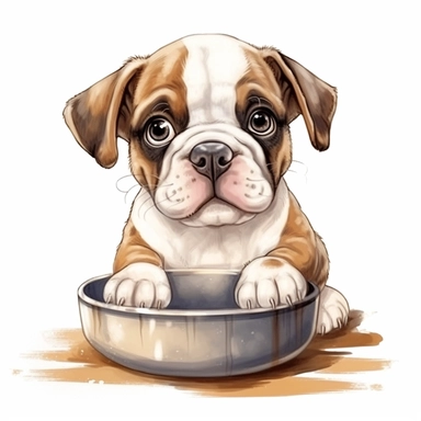 cute adorable small baby bulldog watercolor clipart, big shiny adorable puppy eyes, drinking water from a dog bowl, cartoonish character, smiling, no background, no text, High quality