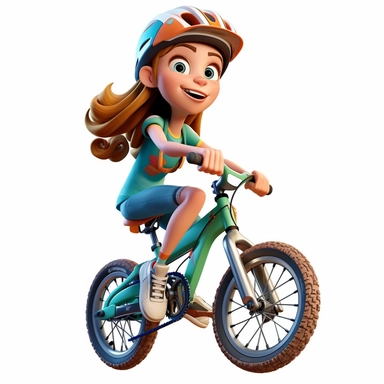 cute young girl riding a mountain bike downhill, smiling, full body, downhill bicycle clipart, Sport graphics, 16k polished, isolated on white background, 3d, rendered by pixar