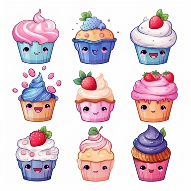 kawaii uwu cupcakes clipart, separate png, watercolor, single design, no overlap