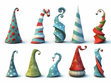 christmas cliparts christmas hats, in the style of distinctive noses, eccentric props, asymmetrical shapes, light crimson and green, exaggerated features, fawncore, sky-blue and crimson