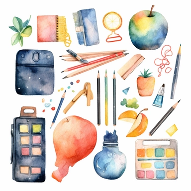 watercolor clipart back to school cute elements, school supplies, crayons, backpack, school blackboard, class room desk, notebooks etc. hight quality white background