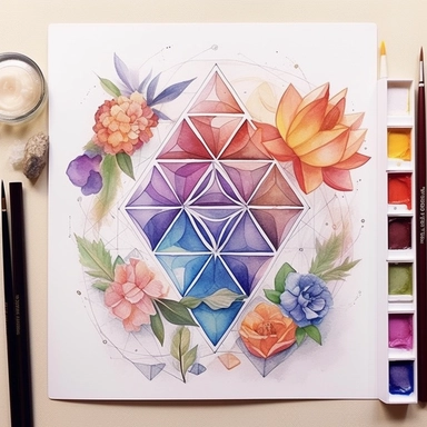 Unleash your inner artist with a hilarious and mind-bending challenge: create an abstract watercolor artwork inspired by the sacred geometry of platonic solids, incorporating intricate mandalas and high-detail botanical elements. But wait, there's more! Your artwork must also feature a houseplant, a flower, and a geometric object - all as clip art elements that could be used in a graphic design project. And to up the ante even further, you must create this masterpiece while wearing a ridiculous 