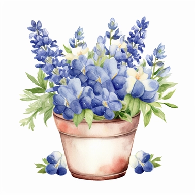 Watercolor Blue Bonnets, Clipart rose floral bouqet in a rustic pot, white background, no text, no caption