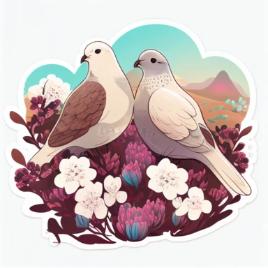 two beautiful doves in love, in a field of flowers, clear sky, clipart, white background, sticker