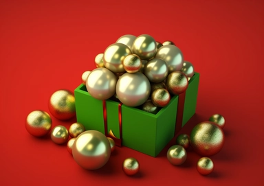 3d render. Christmas ornaments and gift box isolated on red background. Bunch of green gold balls, white stars, candy cane. Seasonal festive clip art. Greeting card. Abstract holiday concept Hasselblad H6D 120mm lens f/16