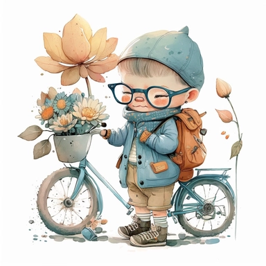 watercolor, very cute little child in a pastel blue coat with lots of pockets, vintage aviator glasses, baby orange trousers holding a little vintage toy, with a backpack, on a vintage bicycle, sorounded by big lotus flowers with long stem, clipart, white background