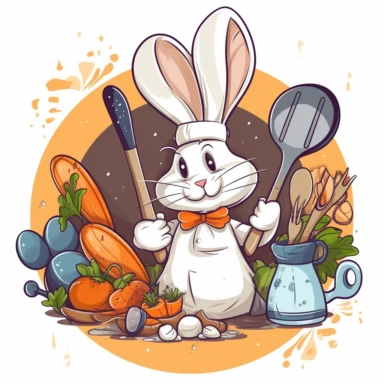 A rabbit wearing a chef's hat and apron, holding a whisk or wooden spoon, and surrounded by ingredients and kitchen tools in a cartoon illustration style clipart