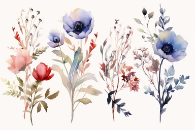 enchanted RED AND BLUE flowers ARRANGMENTS, WATERCOLOR HAND PAINTED clipart, WATERCOLOR AIRY PASTEL COLORS, VISIBLE WATERCOLOR BRUSH TOUCHES, WATERCOLOR SPLASHESD, DREAMY AND ELEGANT, COLORFUL DREAMY FLOWERS, white background, WATERCOLOR 8k,