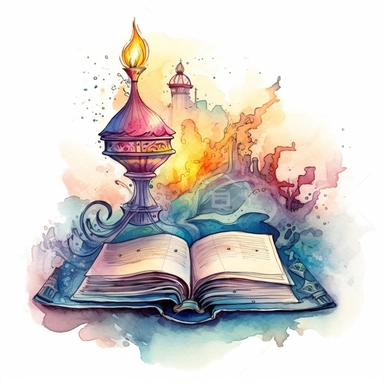 a big opened Fantasy Book Laying there with a heroic mystically themed scenery immerging out of the pages. The Scenery is featuring A genie emerging from a lamp, ready to grant wishes. It is drawn in a mesmerizing clear lined simple watercolor illustration style by Valentina Verlato using bold and saturated colors. It is a png clipart on a white background, it should be easy to cutout and remove the background from, so only use saturated colors around the edges of the clipart. The composition is