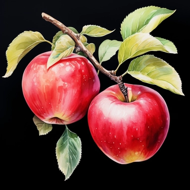 Watercolor apple hanging from a tree clipart, white background, realistic with high details, beautifully colored with strong palette pastel colors, 32k hd