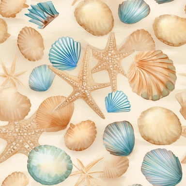 A watercolor painting clipart of detailed realistic sea shells and star fish with soft pastel blue and beige colors bringing out the beauty of the sun, sand, and sea painted with a simple and elegant watercolor style on a light sandy background