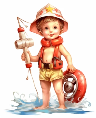 vintage baby boy lifeguard clipart , detailed character illustrations, graphic vector design, colorful, isolated on white background