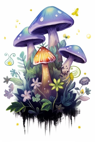 lemon green outline sticker, bush of mushrooms, stars, leaves, lowers, clipart, Watercolor Magic Mushrooms Clipart, dark fantasy watercolor fairy style