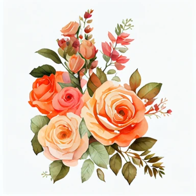 one bouquet arranged roses watercolor clipart, the colors are Apricot Orange and Bubblegum Pink arranged clipart, watercolor, 8k, white blank background