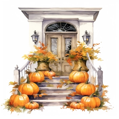 Watercolor style, halloween porch decorated with halloween pumpkins and other decorations, clipart, isolated on white background, detail, high quality, high resolution