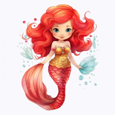 red hair mermaid girl clipart,full body, cartoon watercolor,children book illustration,white background
