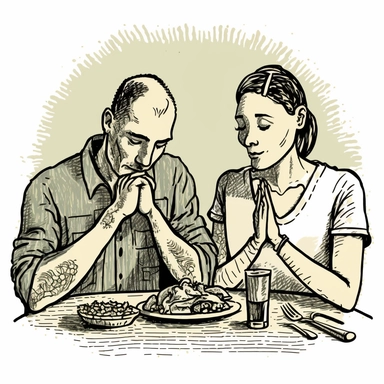 A drawing of a happy couple sharing a raw vegan meal together, with their hands clasped in prayer before they start eating CLIPART.