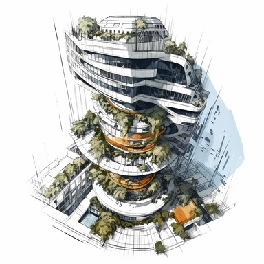 clipart, painting of the bird's eye view of umbrella tower. garden balconies. ecofuturistic architecture. dynamic perspective. urban, detailed digital art trending in artstation, zaha hadid style, white background