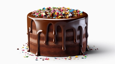 Generate a clipart image of a chocolate fudge birthday cake white background. Design the cake with layers of moist chocolate cake and thick, creamy chocolate fudge frosting. Add sprinkles or chocolate chips for decoration. photo-realistic, ultra sharp, simplicity, higher coherence, minimalism, ultra detailed, hyper realistic details, beautiful, modern, OC rendered, 32k uhd , insane details, intricate details, Photoshoot, Depth of Field, captured with Phase One XF IQ4 camera , 200 Mega Pixel lens