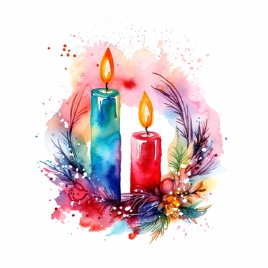 watercolor Christmas round wreath adorned with christmas candles clipart, vibrant colors, add glitter, on a white background