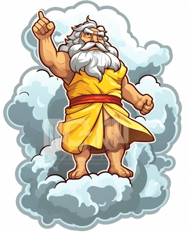Sticker Clip Art of Zeus standing on Mount Olympus, children friendly, King of the Gods, clouds and lightning behind him, King of Mount Olymp, illustrated in a playful style with a friendly expression, perfect for any special occasion, cut out in the shape of Zeus on a Mountain, Muscular, with no visible background, giving it the appearance of a sticker, conveying a mystical and whimsical mood, edited with Adobe Photoshop to adjust brightness and contrast, rendered as a transparent PNG file with
