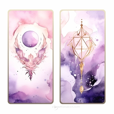 Tarot Cards, in the style of watercolor illustrations, pink and gold, soft lilac, magical and mystical, galaxy elements, modern minimal watercolor, on white background, clipart