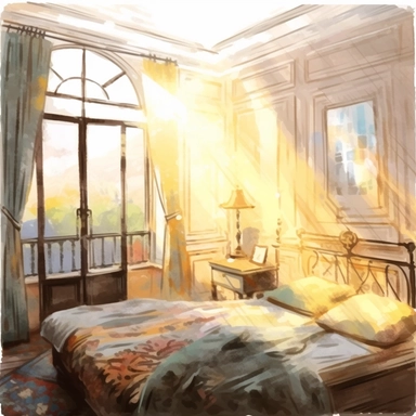 The morning sunlight shines into the window, and there is a bed in the room with oil paintings, White background, Clip Art Style