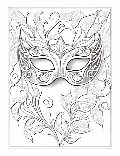 white coloring page of a white masquerade mask with intricate cut-outs, delicate linework, simplified line work, free brushwork, 15th century vintage masquerade for adults black and white drawings, in the style of tanya shatseva, in the style of fantasy illustrations, in the style of fantasy illustrations, in the style of art nouveau-inspired illustrations, in the style of intricate pen drawings, in the style of intricate linework, in the style of detailed linework, kinuko y. craft, luca della r