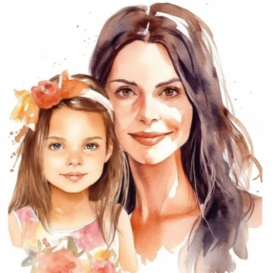 watercolor beautiful latin mother and daughter, black hairs, cute, model face, clipart, white background, png