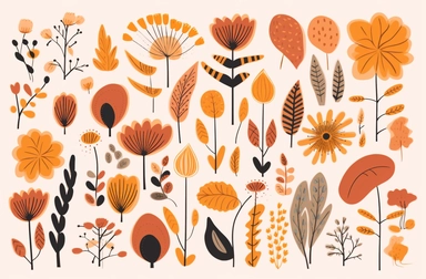 a collection of flowers and foliage clipart, in the style of organic shapes and curved lines, cute and dreamy, whimsical cartoonish, warm color palette, animated gifs, norwegian nature, whimsical doodles