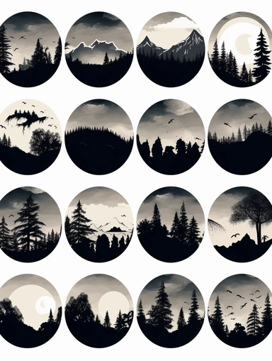 mountain silhouettes download cliparts, in the style of bob ross, alex katz, tattoo-inspired, birds-eye-view, wood, black and white contrast, charles addams