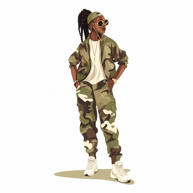 Beautiful African American Girl Fashionable Wearing HipHop Camouflage Outfit With White Tennis Shoes, Gold Hoop Earrings, Symmetrical Full Body Clipart, Digital Illustration, White Background