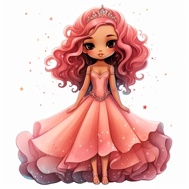A cute detailed black girl in chibi style, Jasmine Becket - Griffith style, watercolour illustration clipart with real glitter detail, wearing a beautiful pink full length ballgown style dress, the girl has long red hair, the girl has blue eyes, full body image, with feet isolated on a white background,