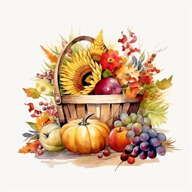 one Cornucopia watercolor clipart on a white background watercolor , in the style of rural america, high resolution, sarah purser, rural life scenes, large canvases, illustration, celebration of rural life , no watermark, text, words, paintbrush, 300 DPI, typography, the images do not stick together, no text in the picture