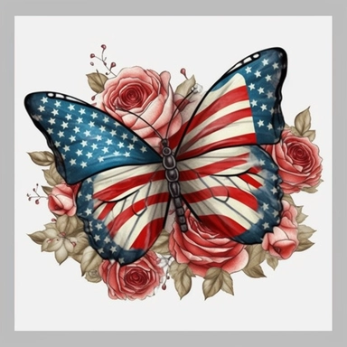 American flag with Butterfly and roses Sublimation Clipart, Cartoon funny, Cute anime, Very detailed, firework background
