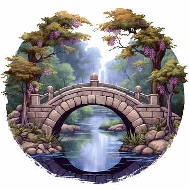 Create One clipart inspired by Enchanted Bridge: Design a clipart featuring a charming stone bridge arching over a small creek in the heart of the forest. Paint the bridge with earthy in various shades of green, purple, blue, red and adorn it with delicate vines and flowers. Surround the area with tall, ancient trees, creating a lush and magical canopy overhead, Cozzy watercolor style. in 4K. mostly in green color so it can be used in fantasy books. beautifull coloring 24mm lens, F/1.4, AR 9:16,