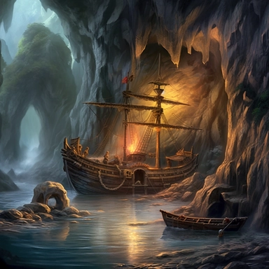 realistic clipart of enchanted pirate cave, digital oil painting