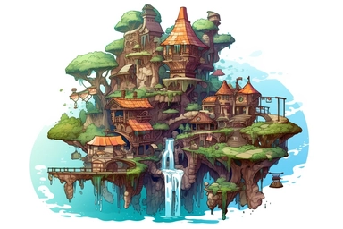 A vector clipart of a mystical floating island in a fantasy village, with cascading waterfalls, floating vegetation, and mythical creatures, in the style of surreal and vibrant vectors, viewed from a breathtaking perspective, hd, spaced out, on a white background
