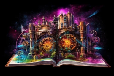 rpg item: fantasy book opening to wondrous steampunk land,steampunk castle, magical gears, heroic fantasy scene, watercolor, powerful aura, dark academia steampunk, witchcraft, neon colors, magic, glow, a lot of glow, watercolor clipart