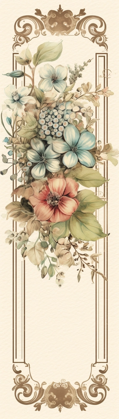 vintage inspired printable rectangle label with intricate sepia colored borders and hand drawn details. detailed with soft watercolor flowers at top edge only. No text. Isolated clipart on solid white background